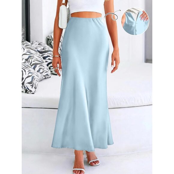 Women Baby Blue Maxi Dressy Casual Zipped High Waisted Silk Elegant Long Skirt - Picture 2 of 7